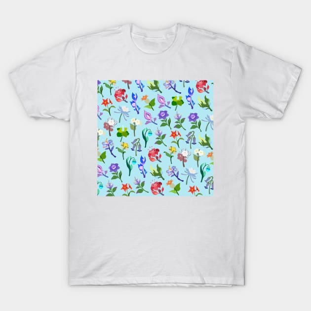 Genshin Impact Flowers Print (Blue) T-Shirt by casserolestan